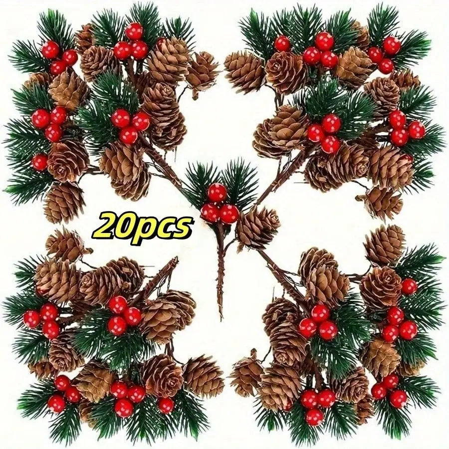 20Pcs Artificial Christmas Pine Picks with Red Berries Pinecones, Fake Evergreen Branches Stems, Xmas DIY Wreath Garland Decor
