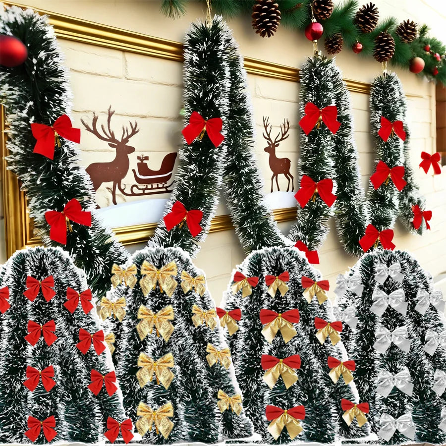 Christmas Tinsel Garland with Bow — Green Ribbon Decoration