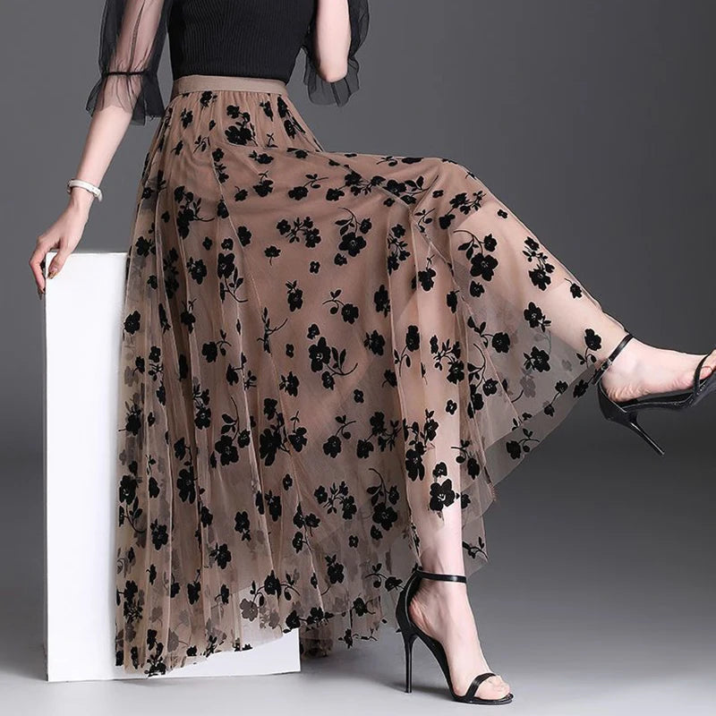 Women's Floral Tulle Midi Skirt