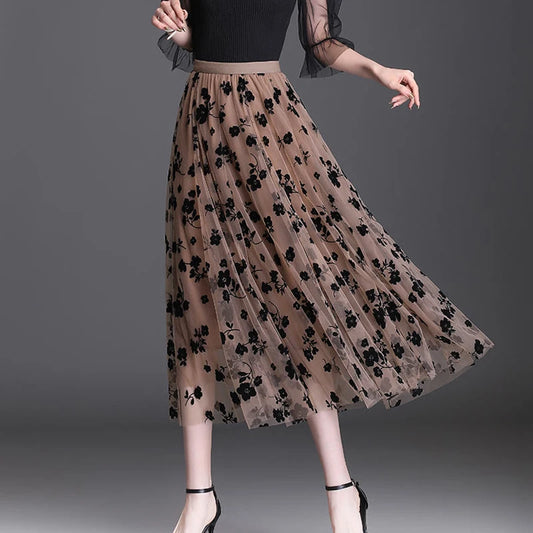 Women's Floral Tulle Midi Skirt