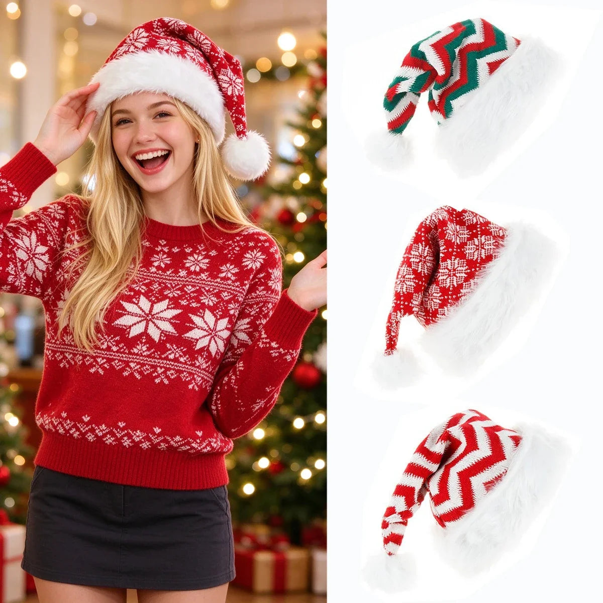 Women's Knitted Christmas Santa Hat — Snowflake & Faux Fur Pom