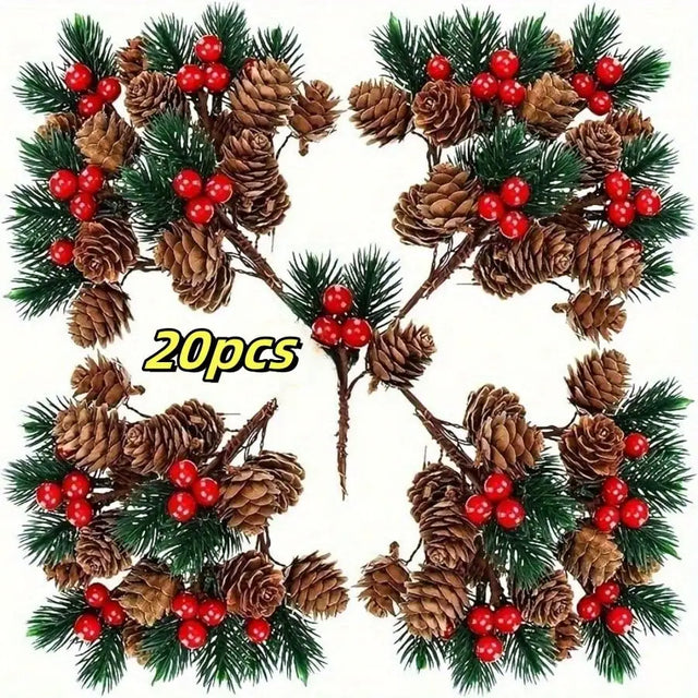 Christmas Pine Picks with Berries & Pinecones — Set of 20