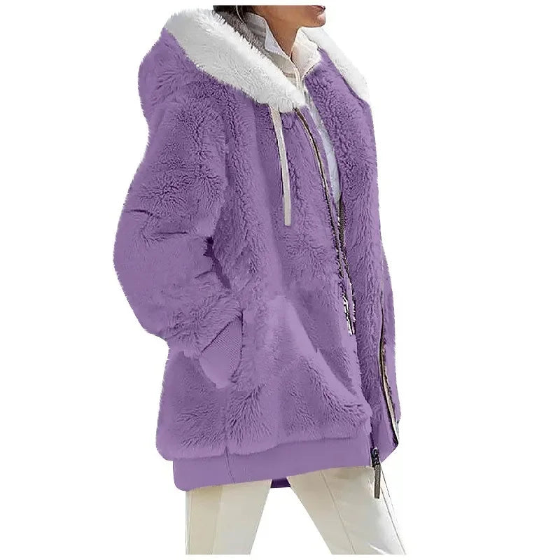 Women's Hooded Fleece Zip-Up Coat — Casual Solid Colour