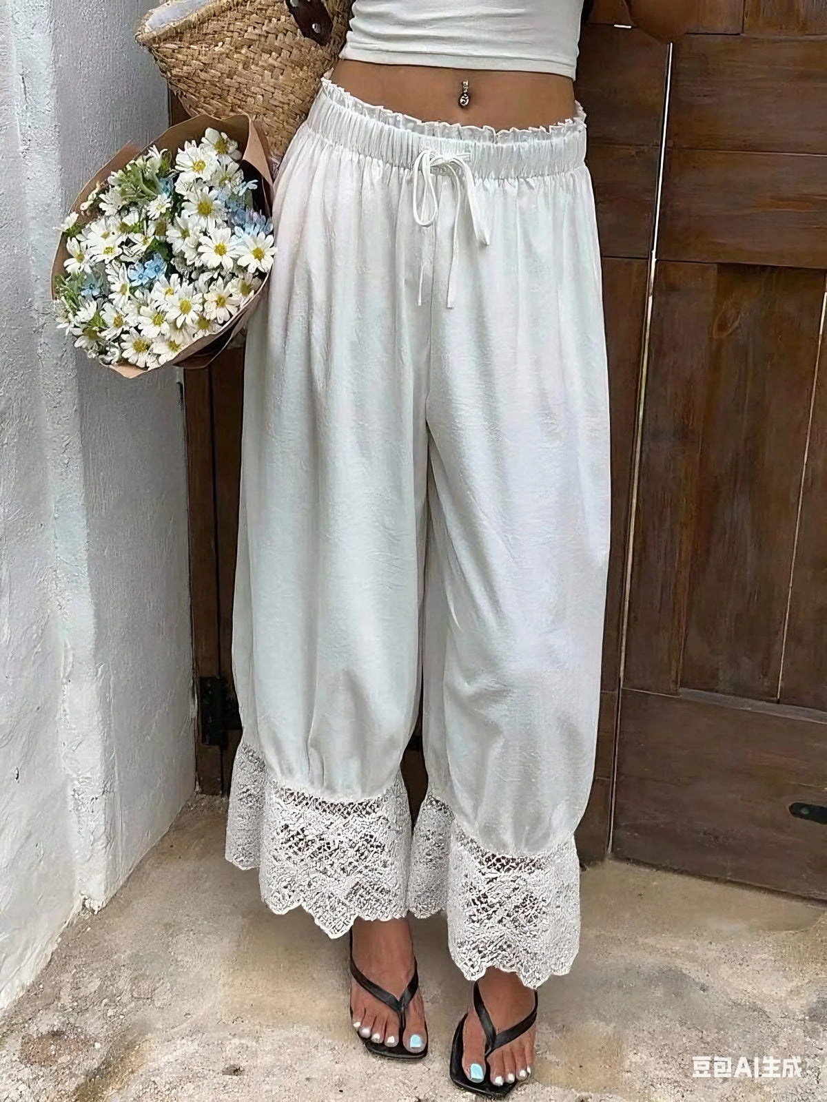 Women's Wide Leg Lace Trim Pants