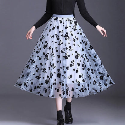 Women's Floral Tulle Midi Skirt