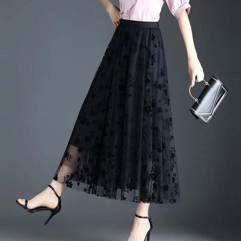 Women's Floral Tulle Midi Skirt